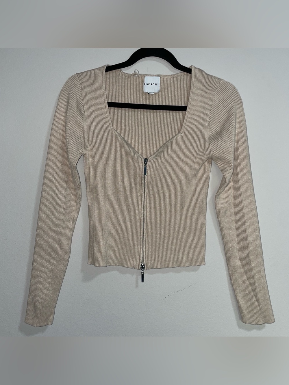 PINK ROSE | Ribbed Zip-Front Top in Beige